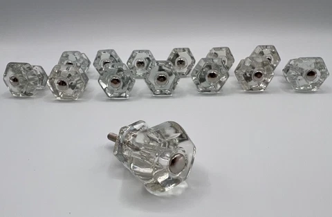 14 Antique Clear Glass 1'' Hexagonal Matching Furniture Knobs w/ Chrome Hardware Cover