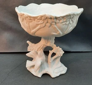 Vintage White Pedestal Planter Vase w/ Bird, Flowers & Vines Bisque 7"x 7" - Picture 1 of 6