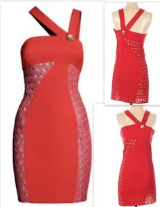 VERSACE for H&M Red Dress Gold Button Asymmetrical Collar Strap size 3XS,2XS - Picture 1 of 7