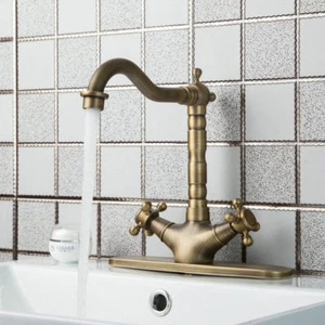 Bathroom Basin Swivel Spout Mixer Faucet Deck Mount Antique Brass With Plate - Picture 1 of 12