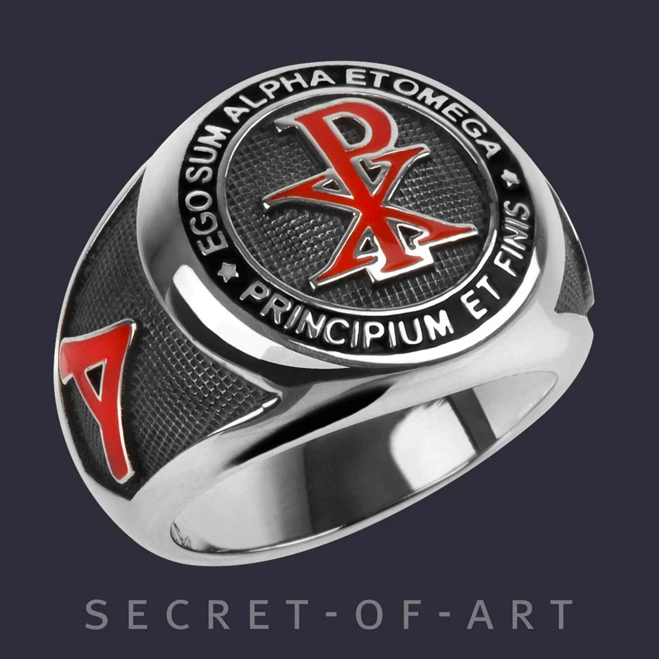Chi Rho Ring Jesus Religious Alpha Omega 925 Silver Christianity Church jewelry - Изображение 1 из 1