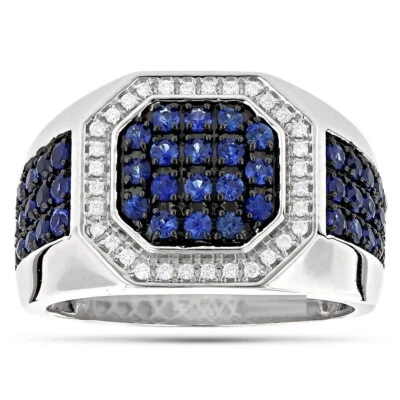 4Ct Round Cut Blue Sapphire Simulated Diamond Halo Men Ring White Gold Plated - Image 1 of 4