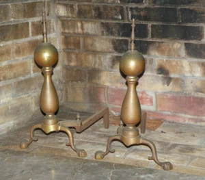 Vintage Antique Pair of Heavy Brass Cannonball Fireplace Andirons 19" Tall - Picture 1 of 12