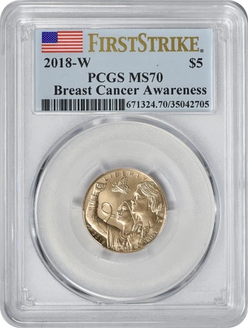 2018-W Breast Cancer Awareness $5 Gold Commemorative First Strike MS70 PCGS Flag Cover