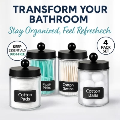 Juego de 4 tarros de vidrio para baño - botes de tocador con soporte para bolas de algodón hisopo de algodón Foto 1 de 4