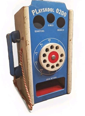 Teléfono público Playskool vintage años 1950-60 juguete de madera juguete retro raro Foto 1 de 4