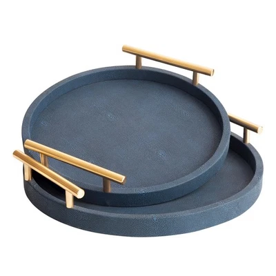 2套蓝色现代装饰餐盘圆形夏格林带金色手柄 — 第 1/4 张图片