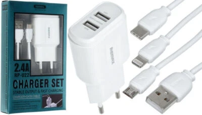 X2 Fast EU Plug Power Charger For iP + Micro + C-Type Mobile Phone 2 Port Cable - Image 1 of 4