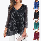 Womens V-Neck Printed Shirts Blouse Ladies Casual Loose 3/4 Sleeve Tunic Tops
