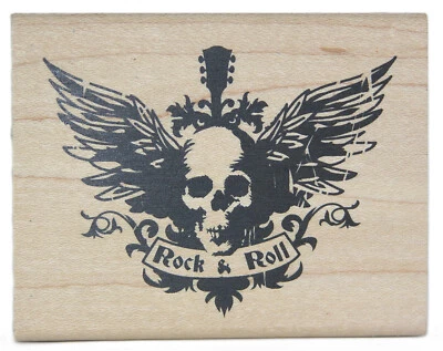 INKADINKADO Rubber Stamp ROCK & ROLL WINGED SKULL Music Wood Mount Rubber Stamp - Image 1 of 2