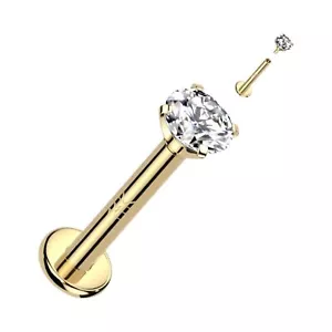 18G Internally Treaded Lip Labret Ear Stud Natural Diamond 14K Yellow Gold - Picture 1 of 1