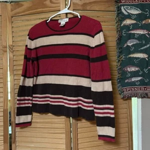 Vintage Casual Corner Red Khaki Brown Long Sleeve Striped Cotton Knitted Top - Picture 1 of 3