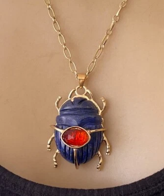 Egyptian Revival Scarab Necklace Carved Lapis Lazuli Blue Gemstone Pendant - Image 1 of 4