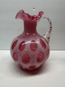 Vintage Fenton L.G. Wright Cranberry Coin Dot Glass Pitcher Crimped Handle Cruet - Picture 1 of 9