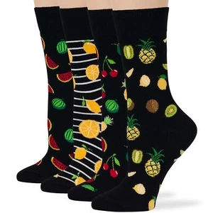 Women Cotton Crew Socks-4 Pack Medium-Fruit Lemon Cherry-Black Yellow Red - Picture 1 of 13