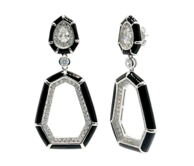 Stunning Black Enamel & Lab-Created White 3.94CT Diamonds Art Deco Fine Earrings - Image 1 of 4