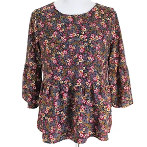 Time and Tru Floral Ruffle Top Womens S (4-6) Black Red 3/4 Bell Sleeve Boho - Picture 1 of 7