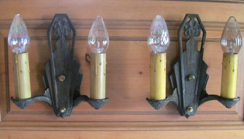 Pair Antique Wall Mount Sconce 2 Light Fixtures Art Deco Nouveau Cast Iron Cover