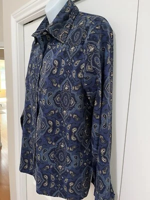 Camisa Grande L Caribbean Joe Botón Azul Paisley India Boho Índigo Azul Marino Tostado Foto 1 de 4