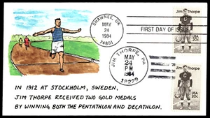 1984 Jim Thorpe FDC Stockholm Olympics 1912 Hand Painted D. Haas Cachet - Picture 1 of 4