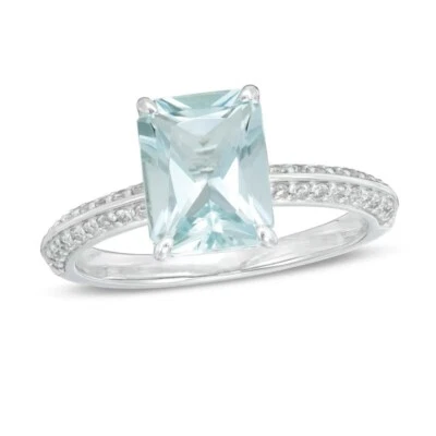 Emerald-Cut Aquamarine & Diamond Simulated Engagement Ring 14K White Gold Plated - Image 1 of 4