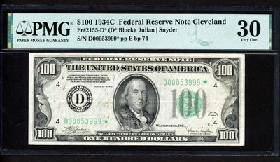 Fr.2155-D* 1934C $100 CLEVELAND "STAR" LOW SERIAL 53999*  PMG 30 VERY RARE XL - Image 1 of 2