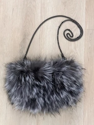 VOLARE NY Real Fox Fur Silver Gray Chain Shoulder Bag Evening Purse - Image 1 of 4