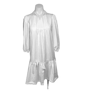 Blank White Tassels 3/4 Puff Sleeve Tiered Peasant Cottage Midi Boho Dress Sz XS - Picture 1 of 7