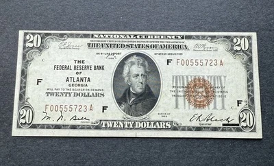 $20 1929 ATLANTA, GA BROWN SEAL FEDERAL RESERVE BANK NOTE GEM MINT BEAUTY !! - Image 1 of 2