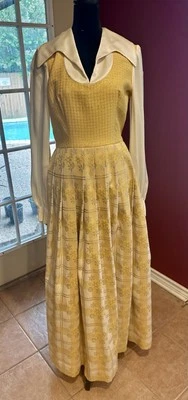 Vintage Jerry Marsch for Mardi Gras Yellow Maxi Dress 1970s Snowflake Print Gown - Image 1 of 4