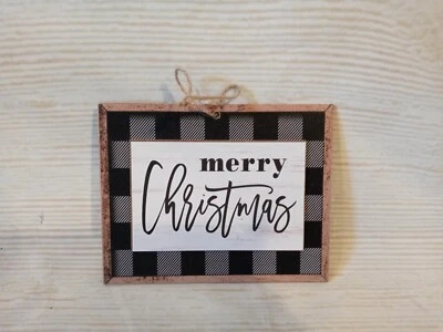 New! "Merry Christmas" Wood Sign 6” Tree Ornament Buffalo Plaid Check Farmhouse  - Image 1 of 4