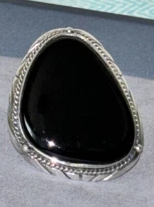 BLACK ONYX LARGE 925 STERLING SILVER RING SIZE 8.5 Mexico - Picture 1 of 20