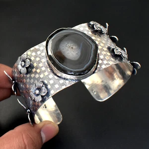 Black Botswana Agate Gemstone Handmade Vintage Jewelry Adjustable Bangle SR 185 - Picture 1 of 7