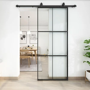 34In X 84In Glass Sliding Barn Door with 6Ft Hardware Kit, 3-Panel Black Aluminu - Picture 1 of 8