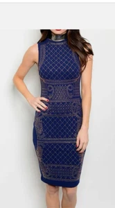 Xtaren Navy Blue Studded Rhinestone Sleeveless Bodycon Dress SMALL - Picture 1 of 4
