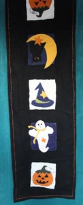 Halloween Table Runner Black Wool Blend Appliqued Ghost Pumpkin Owl 13" X 53' - Picture 1 of 3