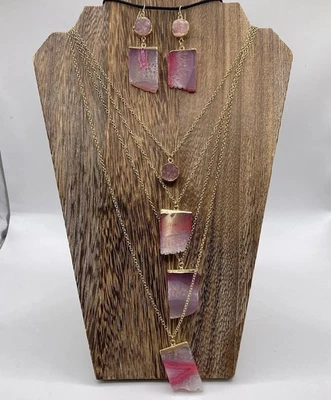Collar y pendientes enchapados en oro rosa fucsia 4 hilos rebanadas de ágata Foto 1 de 4