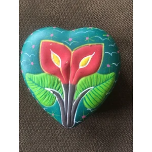 Mexikanische Volkskunst Keramik Ton Herz Schmuckschatulle Alcatraz Blume handbemalt - Bild 1 von 8