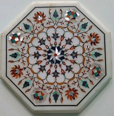 Italian Pietra Dura White Marble Tabletop w Inlaid Semi Precious Stones 13× 13 - Image 1 of 4