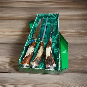 Vintage Solingen Germany Carving Knife Set Antler Bone Stag Horn Handle 3 Piece - Picture 1 of 6