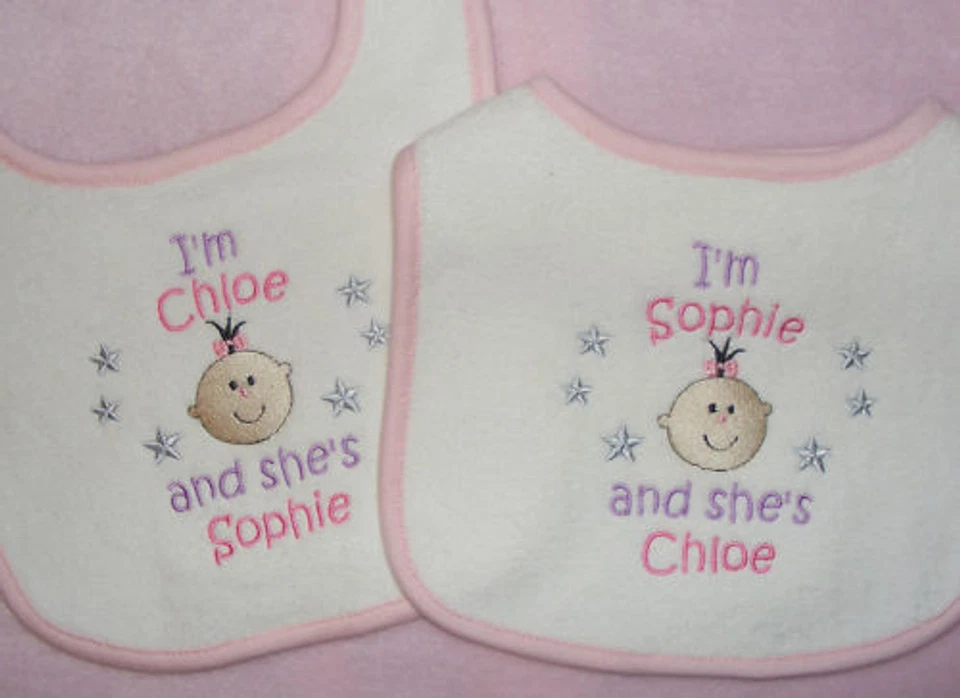 LESLEY ANN DESIGNS Personalised Baby Bibs for Twins boy / girl Large size