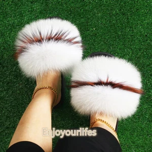 2025 New Style Women's Real Fox Fur Slides Furry Slipper Summer Sandals Shoes - Picture 1 of 33