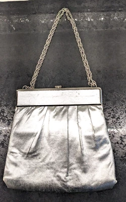 Vtg Handbag Silver Lame Harry Levine Adjustable Metal Chain Evening shiny - Image 1 of 4
