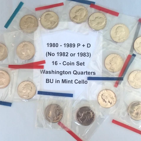 1980-1989 P D Washington Quarters BU UNC 16 Coins No 82 83 Original Mint Cello Cover