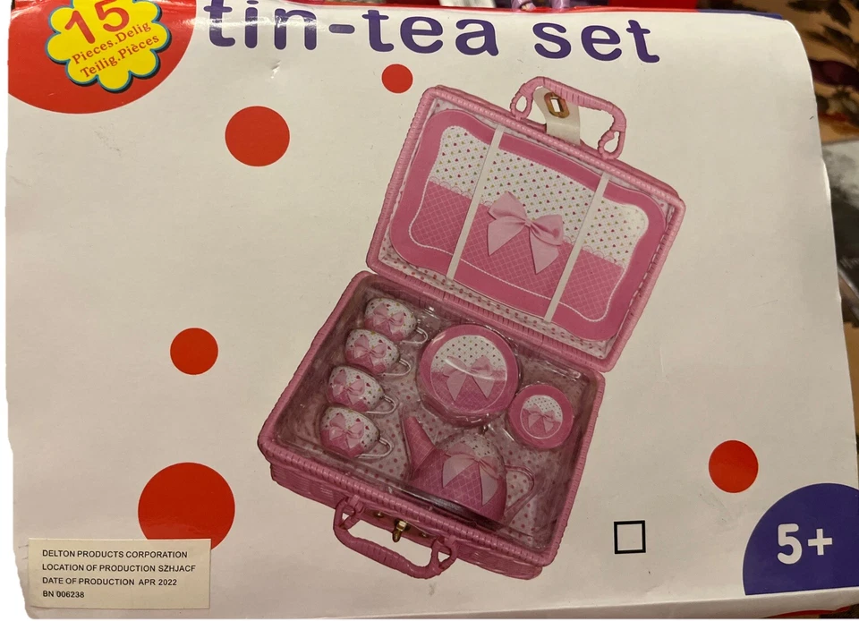 Delton Children's Tin Tea Set in Basket 15 Pcs Pansy 2day Ship