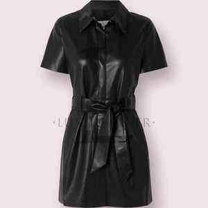 New Women's ShortSleeve Black Leather Dress Real Lambskin Stylish Slim Fit Dress - Picture 1 of 4
