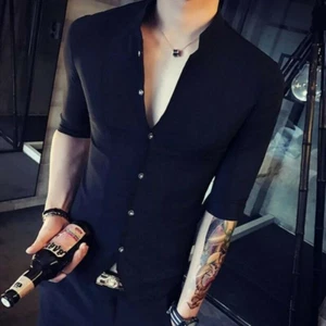 Men Blouses Button Front Slim Fit Half Sleeve Youth Clubwear Summer Solid Shirts - Picture 1 of 14