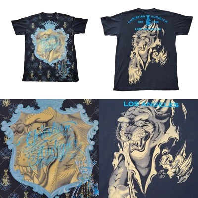 Christian Audigier T Shirt Mens Large Black Tiger Jeweled Y2K 90s Double Sided - Image 1 of 4