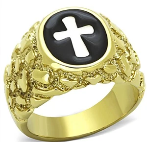 ANILLO HOMBRE CRUZ ORO PEPITA ACERO INOXIDABLE TALLA 8 9 10 11 12 13  - Imagen 1 de 4