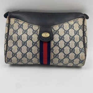 Vintage GUCCI Sherry line GG pattern clutch bag PVC leather navy authentic - Picture 1 of 15
